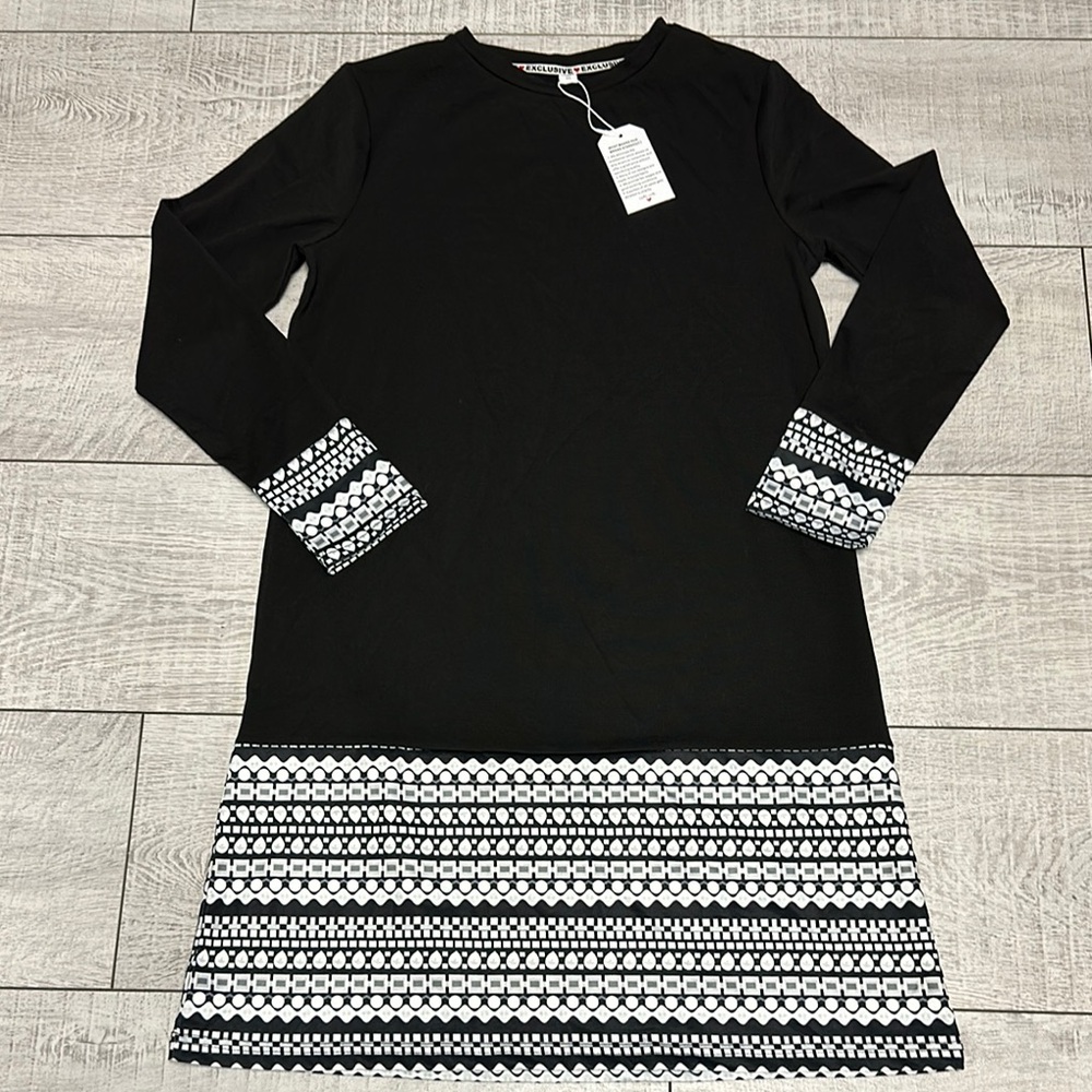 Black and White Patterned Long Sleeve Dress